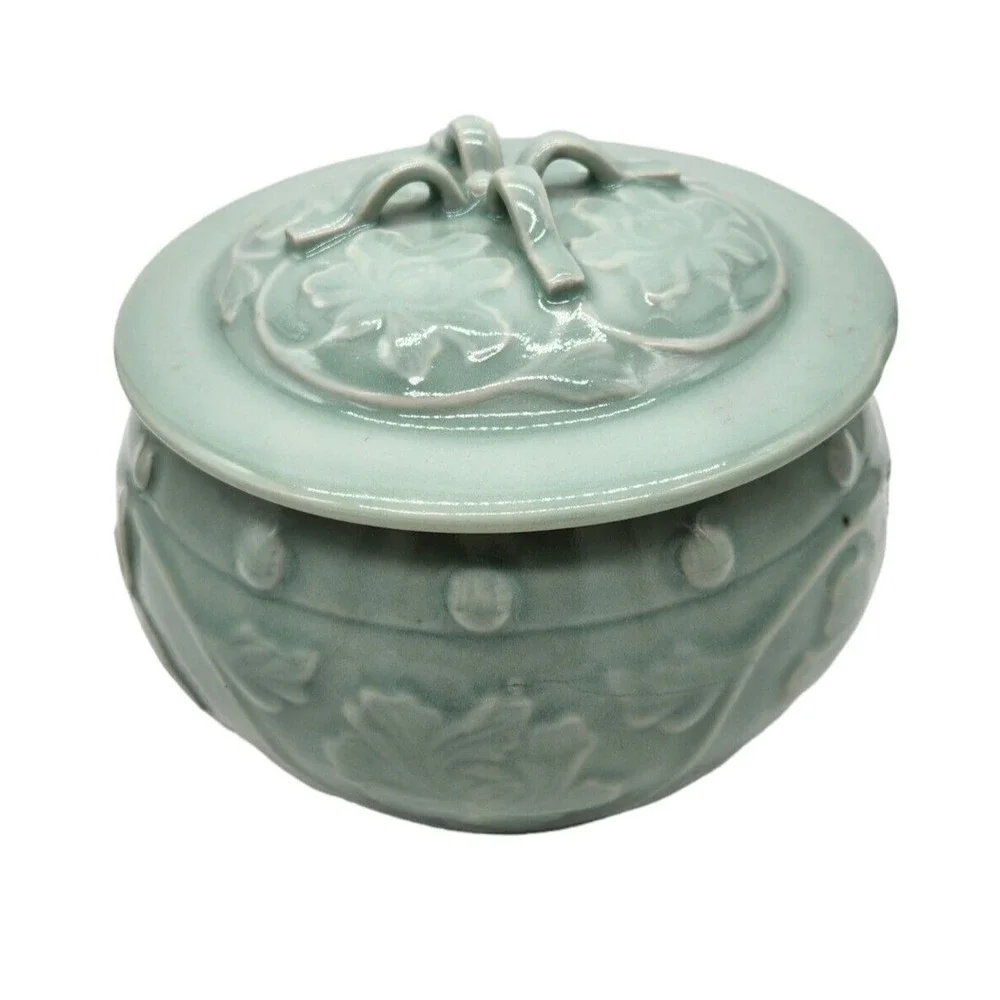 Vintage Handmade Celadon Tureen Covered Serving Bowl Dimensional